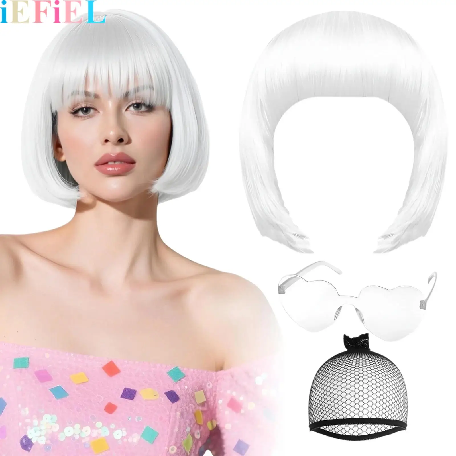 

3Pcs Short Wigs Synthetic Fiber Cosplay Wig with Heart Sunglasses And Hairnet for Party Decorations Halloween Bachelor