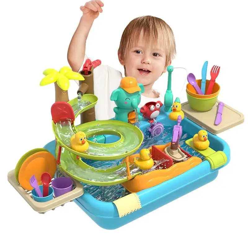 Pretend Sink With Running Water 4-in-1 Pretend Kitchen Cleaning Playset Pool Floating & Fishing Toys Dishwasher Playing Toy With