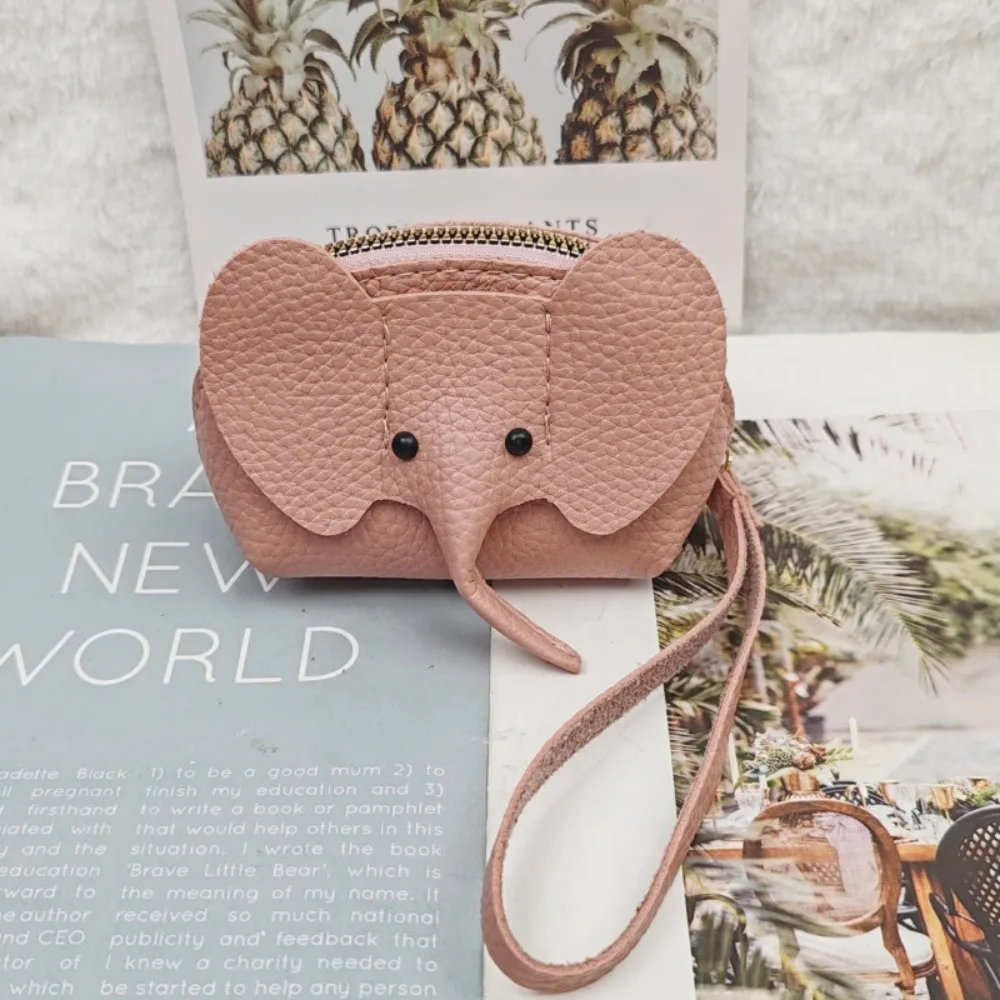 Cute PU Elephant Bag Vintage Hasp Zipper Clutch Bag Pendant Solid Color with Loose Change Storage Keychain Home