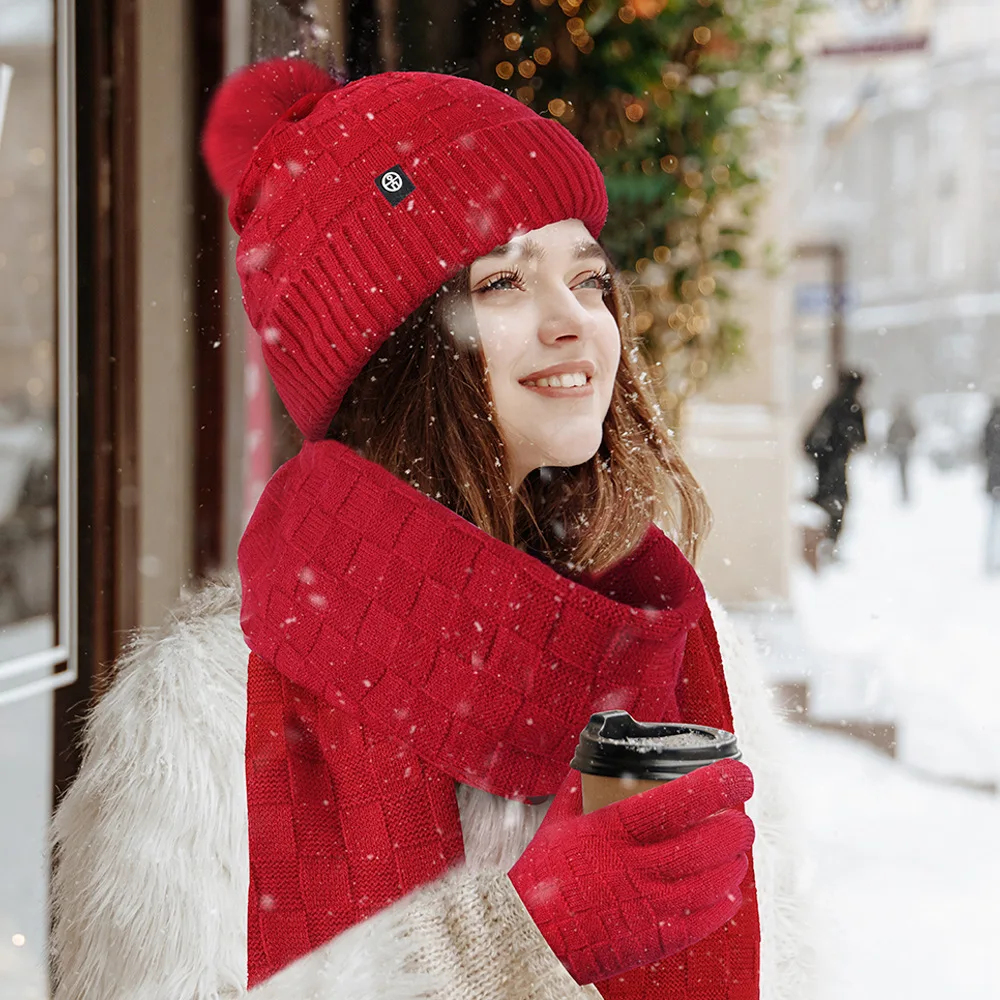 Conjunto de guantes de invierno para mujer, gorro cálido con pompón, bufanda larga, calentador de cuello, guantes de pantalla táctil, 3 en 1