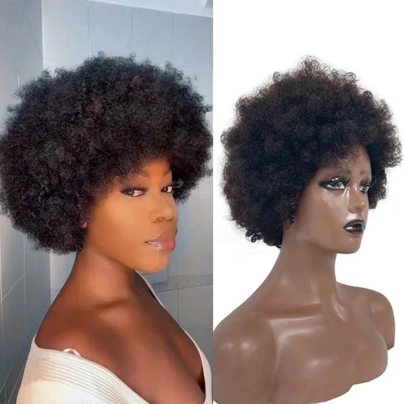 

200% Density Afro Curly WigsBrazilian Remy Human Hair Wig With Bang For Black Large Bouncy and Soft Natural Looking Full Wigs