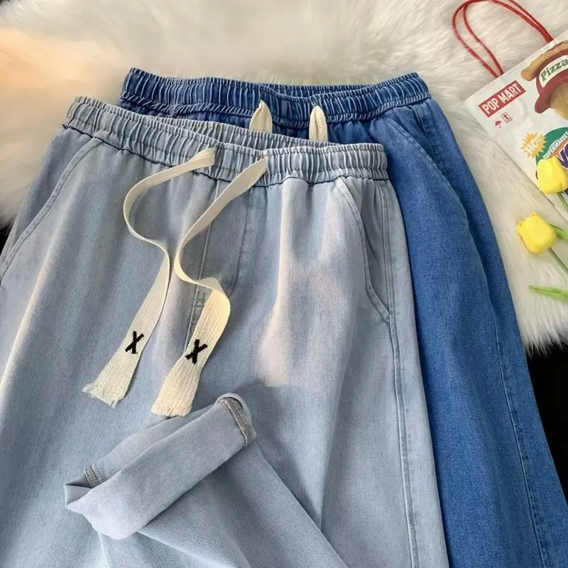 

Trendy American High Street Wide Leg Straight Cut Jeans for Men Spring Autumn Loose Fit Nine Point Long Trousers with Rope