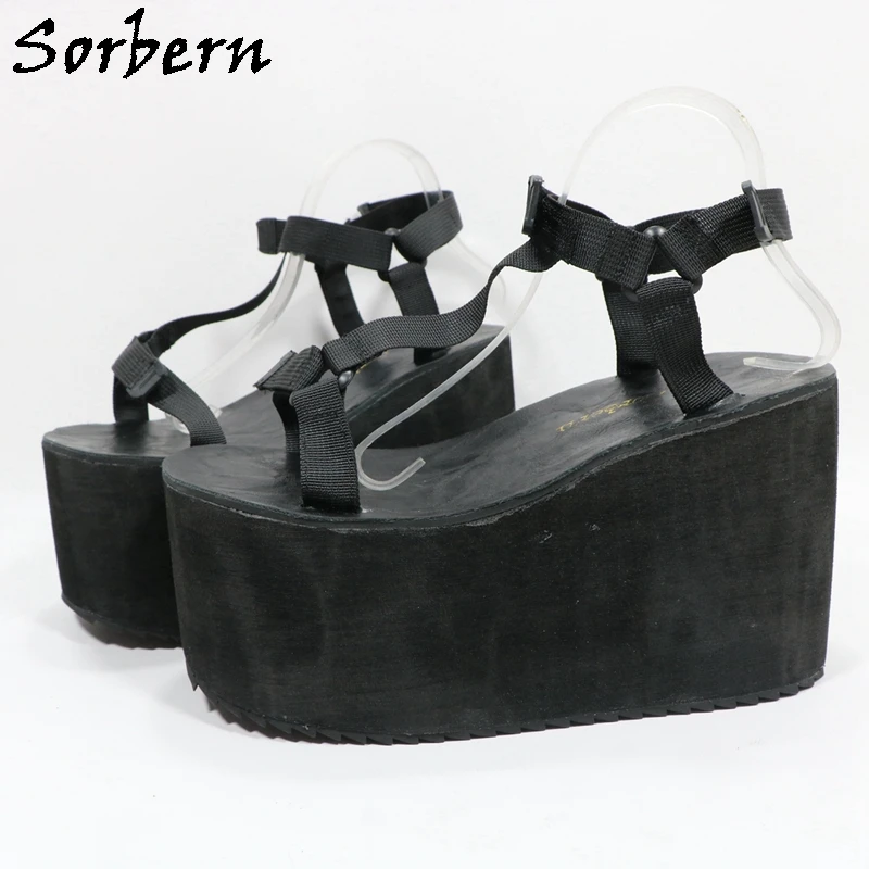 Sorbern Black Wide Flatform Wedges Thick Platform Sandals Women T-Strap Summer Shoes Custom Multi Colors Size 33-48 Eu