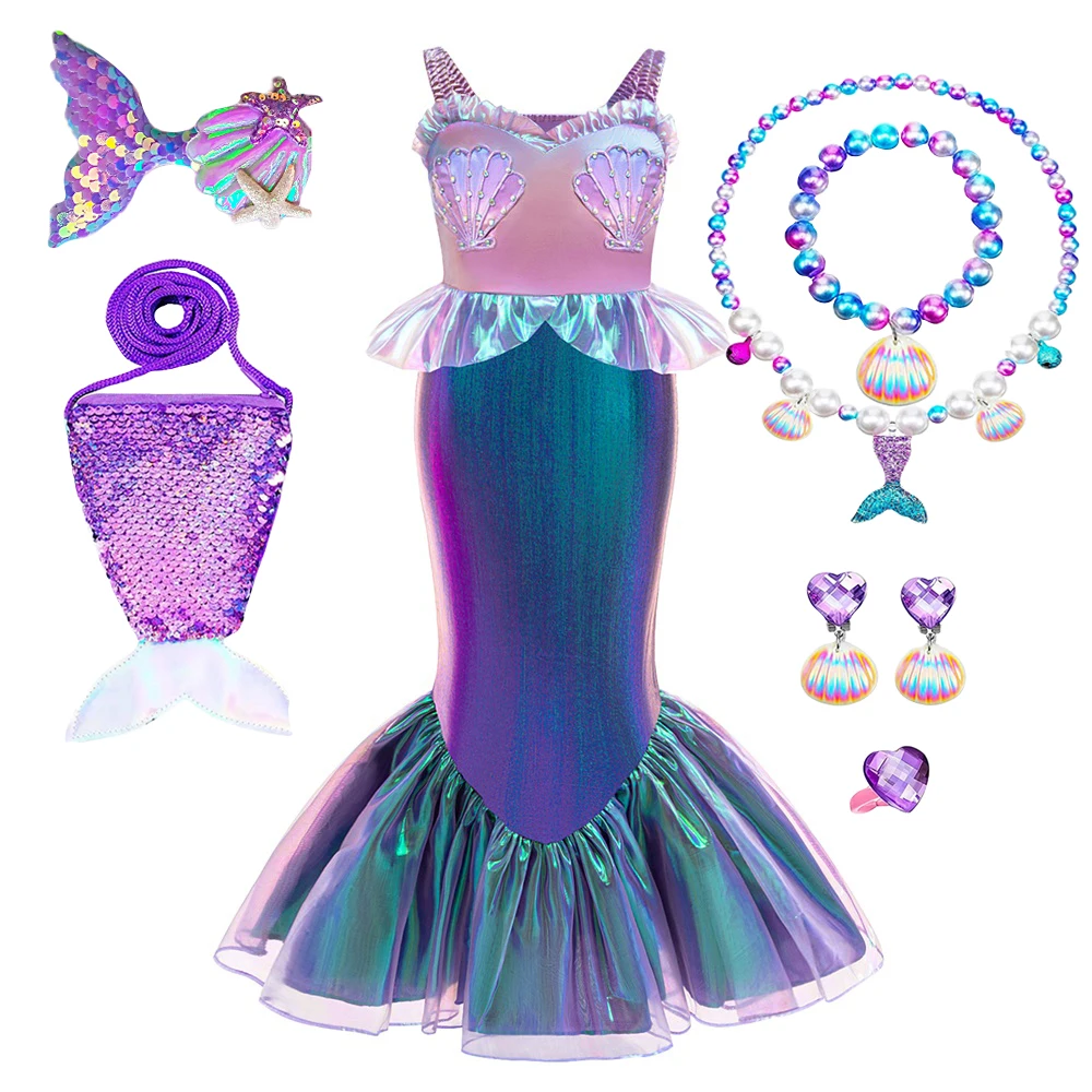 Little Girl Mermaid Ariel Princess Gown Beading Cosplay Dresses Kids Purple Shining Party Dress Young Girls Trumpet New Clothing