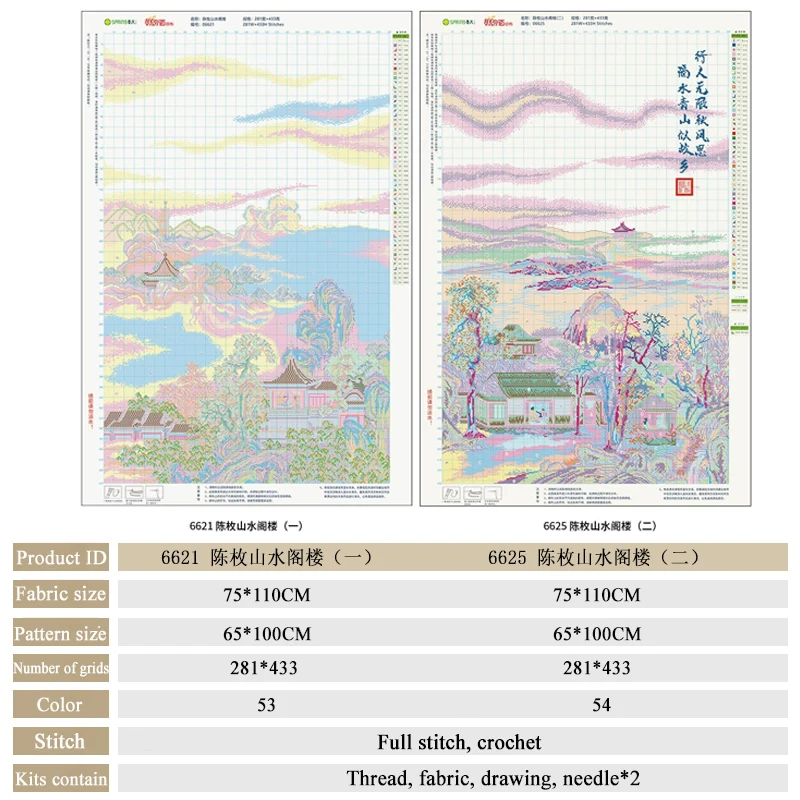 DIY Cross Stitch Kits, Landscape of Chinese Classical Paintings, Mountains, Pavilion Printed Canvas, Embroidery Kit