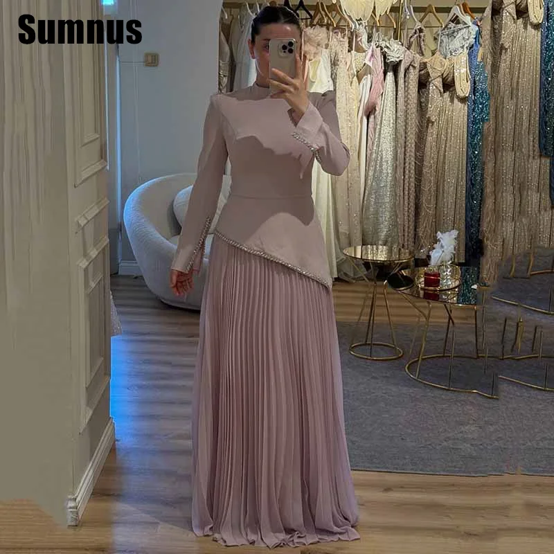 

Sumnus Simple Straight Prom Dress High Neck Long Sleeves Party Dresses Floor Length Evening Dress فساتين سهرة Customized