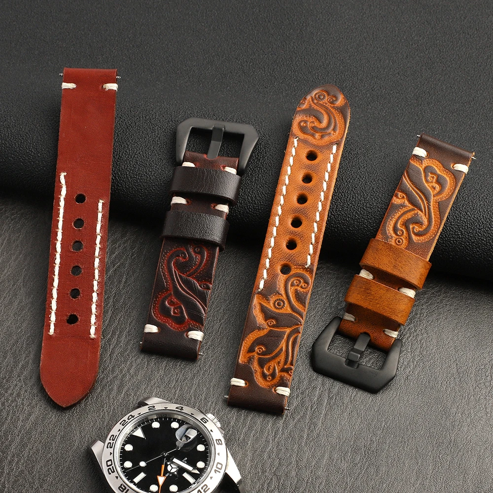 Vintage Carved Embossed Genuine Leather Watch Strap 20mm 22mm 24mm Handmade Stitched Watch Band Black Buckle for Watch Accessory