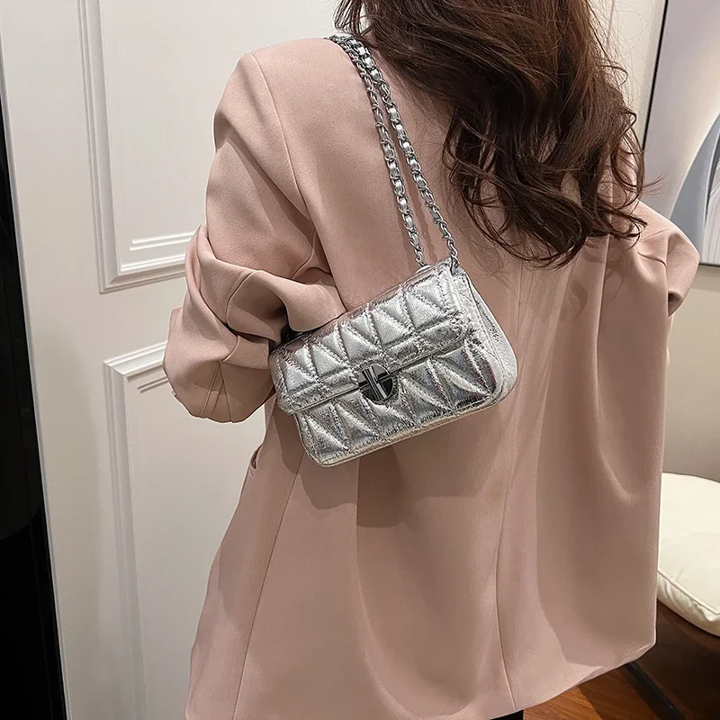 

Luxury Silver Shoulder Purse Chain Handbag Solid Pu Leather Lady Bag Designer Lingge Pattern Crossbody Bag Underarm Sac A Main