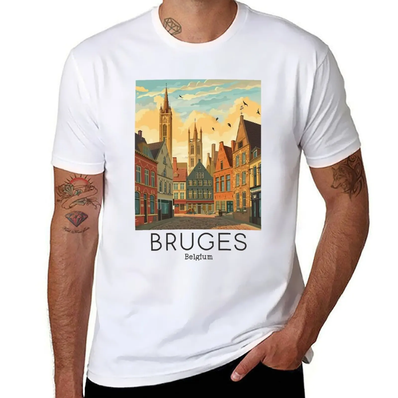 

A Vintage Travel Illustration of Bruges - Belgium T-Shirt man t shirts cotton graphic t shirts for man T-shirt