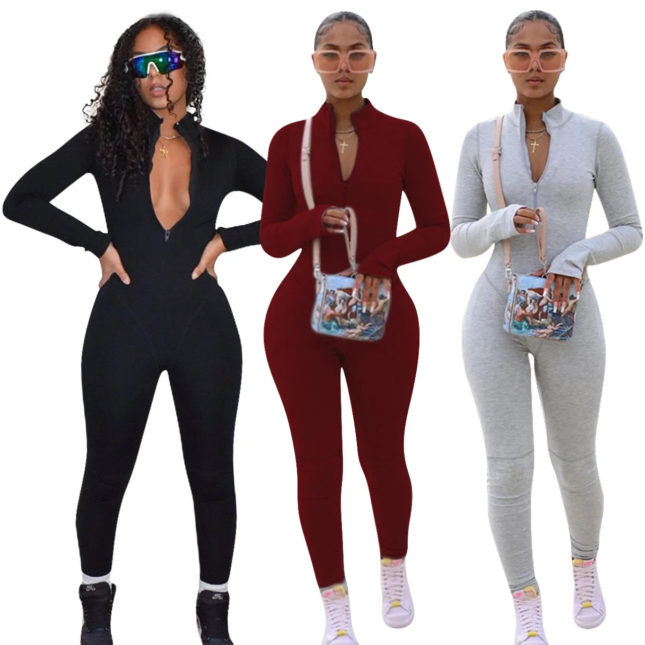 Echoine Women Sexy Solid zipper elasticity Bodycon Long Sleeve Jumpsuit Fitness Sporty One Piece Romper Playsuits S-4XL