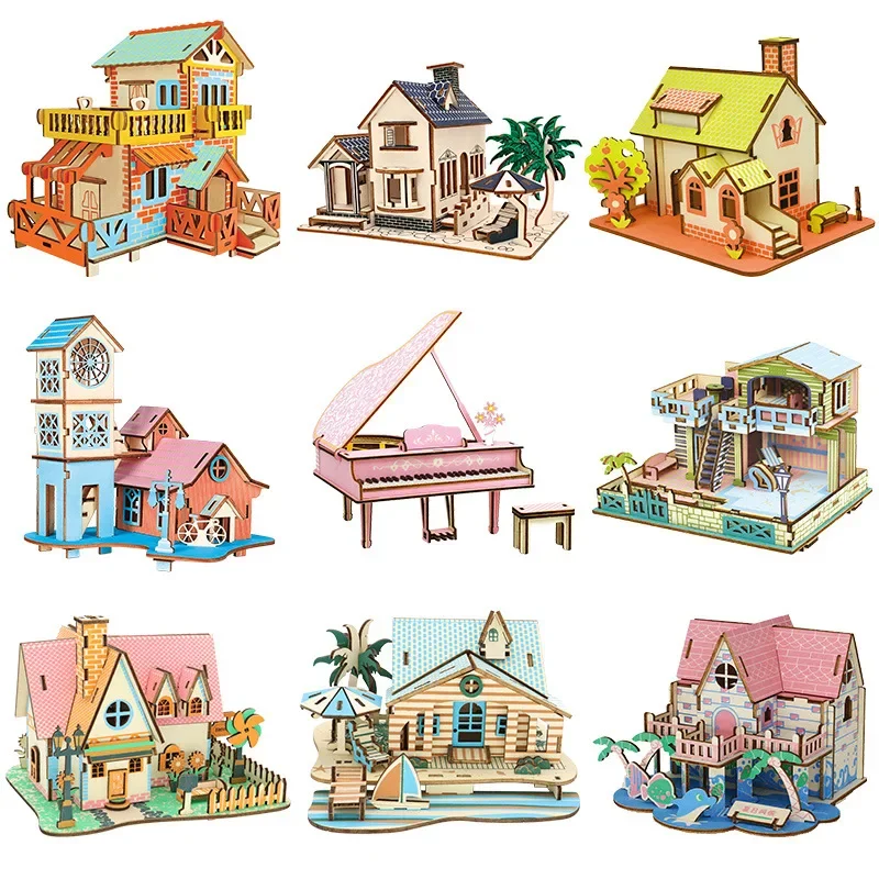 Wooden 3D Puzzle DIY Assembly Architecture Model Teens Educational Toy Exquisite Cottage Villa House Brain Teaser Gift For Kids