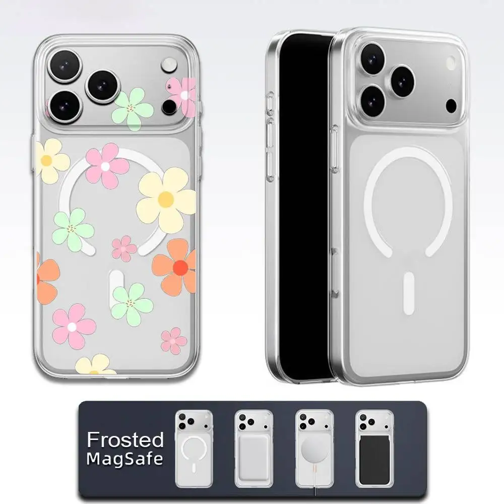 カラフルな花柄の漫画風スマホケース iPhone 17、16、15、14、13、12、11、Pro、Max、Plus、E、Air、Mini対応 Magsafe対応 透明