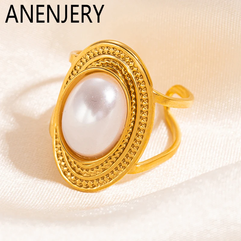 ANENJERY Stainless Steel Elliptical Imitation Pearls Open Ring for Women Niche Vintage Jewelry Gifts Wholesale