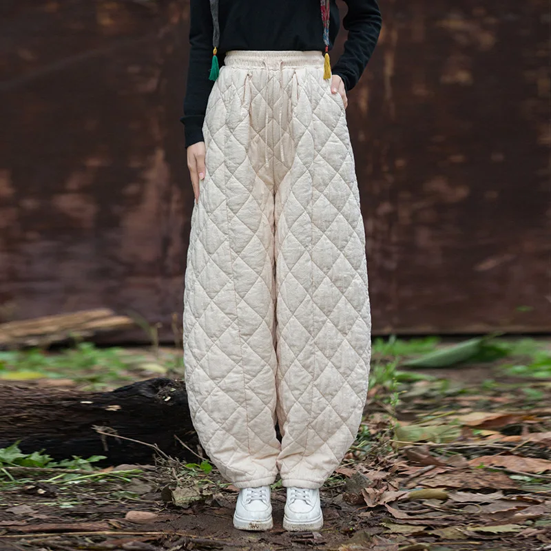 Winter Warm 100% Cotton Pants Women's New Quilted Thicken Pattern Dad Pants Harajuku Literary Loose All-match Harem Pants Women