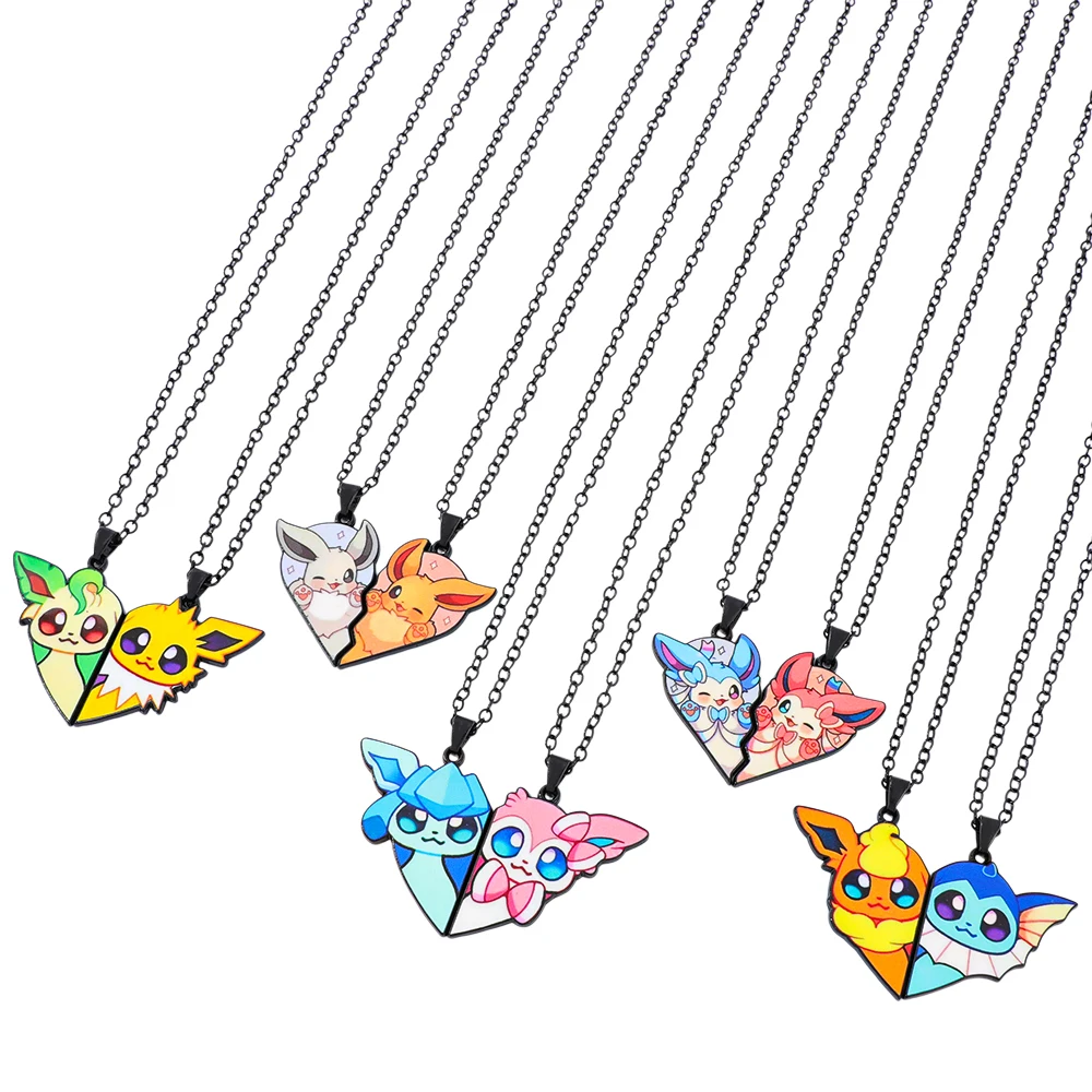 1Pair of Cute Eevee Couple Necklaces, Heart Puzzle Pendants, Matching Love Gifts, Anime Jewelry for Couples and Best Friends