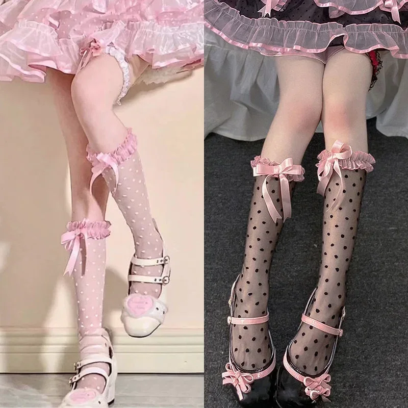 

Женские носки Kawaii Lolita с бантом, сексуальные, с принтом в мелкий розовый горошек, с кристаллами, в стиле JK, до колена, длинные, для создания индивидуального образа