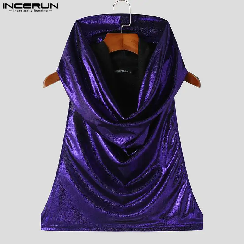 INCERUN Men Tank Tops Sparkling Hooded V Neck Sleeveless Irregular Vests Streetwear 2023 Solid Party Fashion Men Crop Tops S-5XL