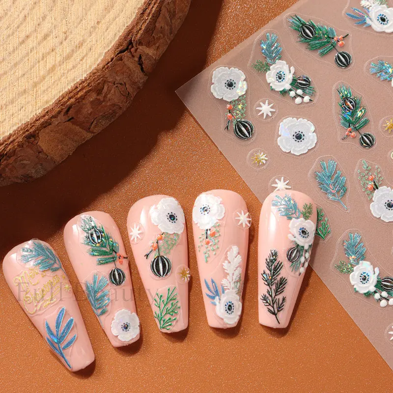 ملصقات أظافر منقوشة بنقشة زهور لعيد الميلاد خماسية ، منزلقات ، زهرة ليزر ، ورقة شجر ، شارات لاصقة ، ديكور مانيكير ، ندفات ثلج زرقاء لامعة ، عيد الميلاد