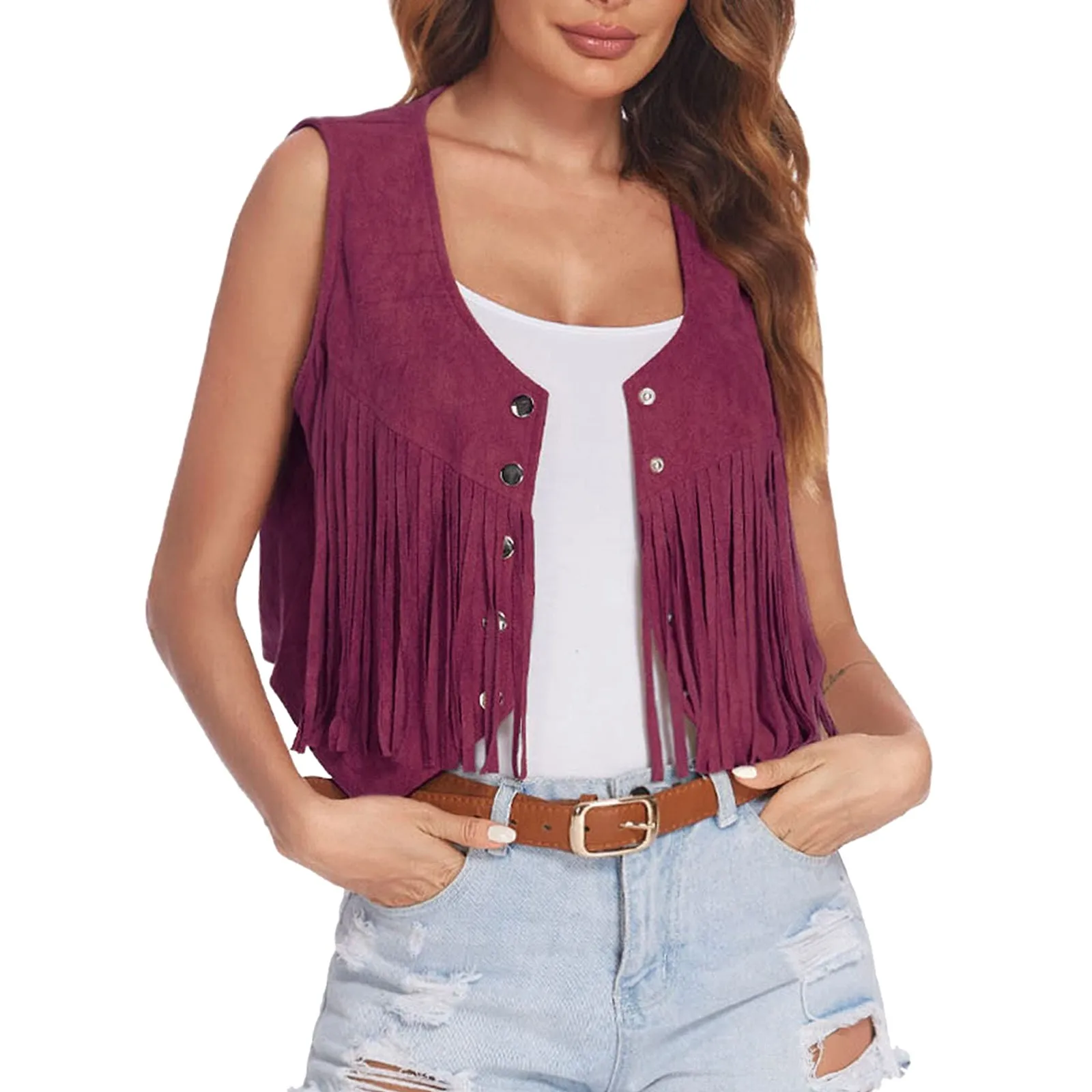 Women Fringe Vest Faux Suede Open-Front Vintage Sleeveless Vest Streetwear Clothes Vest Jacket Korean Style Women's Summer Vest