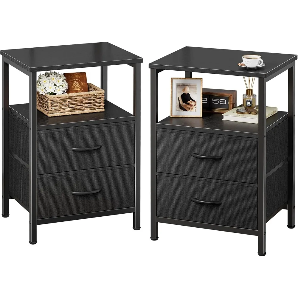 Huuger Night Stand Set of 2, Nightstand with 2 Drawers, Bed Side Table with Open Shelf, Wooden Top, End Table, Fabric Drawer, for Bedroom, Black