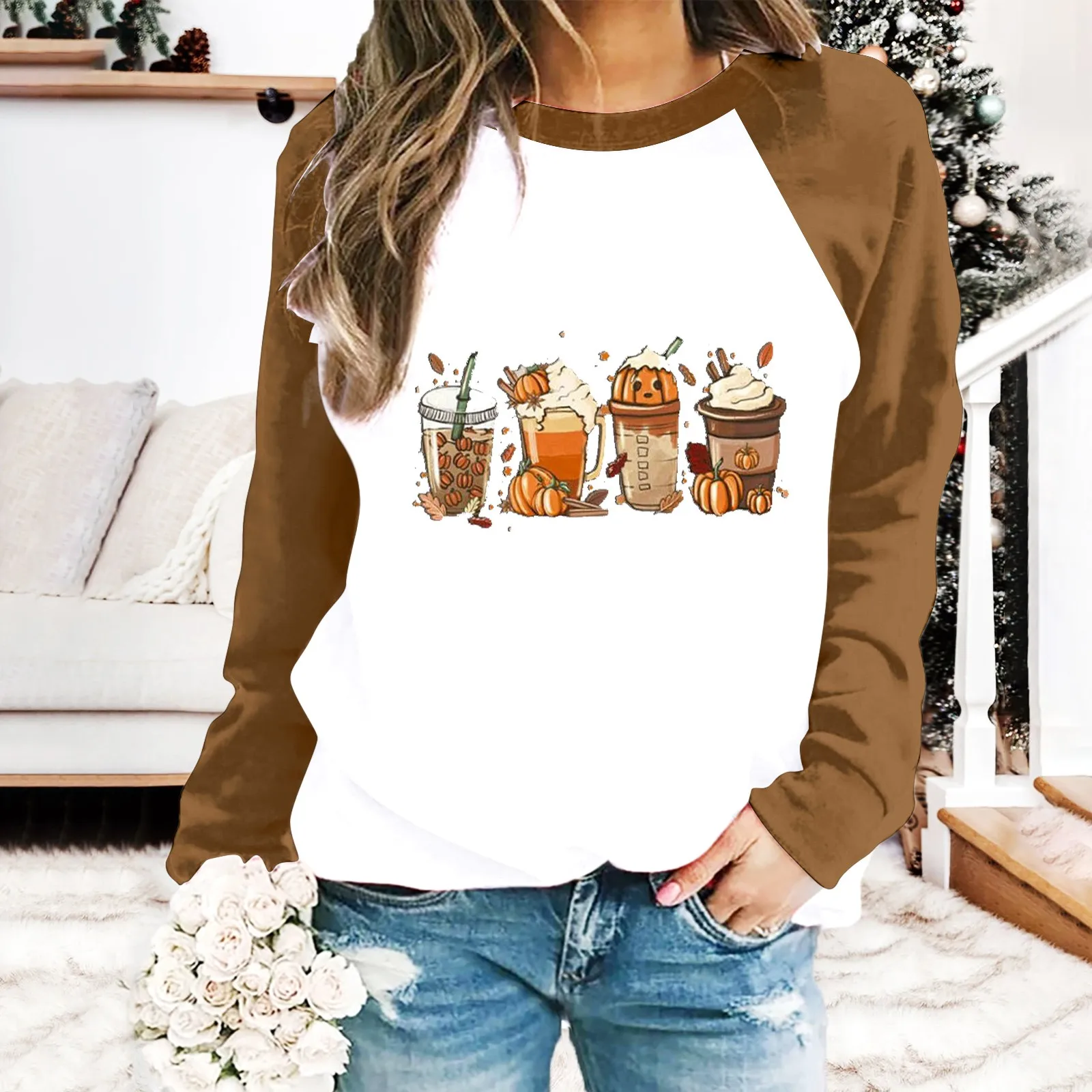 Women's Beverage Print Color Block Color Casual Fashion Lady Sweatshirts Women Cotton Set for Women Cotton Soft Sweatshirt