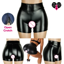 Woman Sexy Crotchless Shorts Panties PU Leather Open Crotch Pant Zippers Outdoor Sex Hip Big Club High Fashion Tight Body Cloth