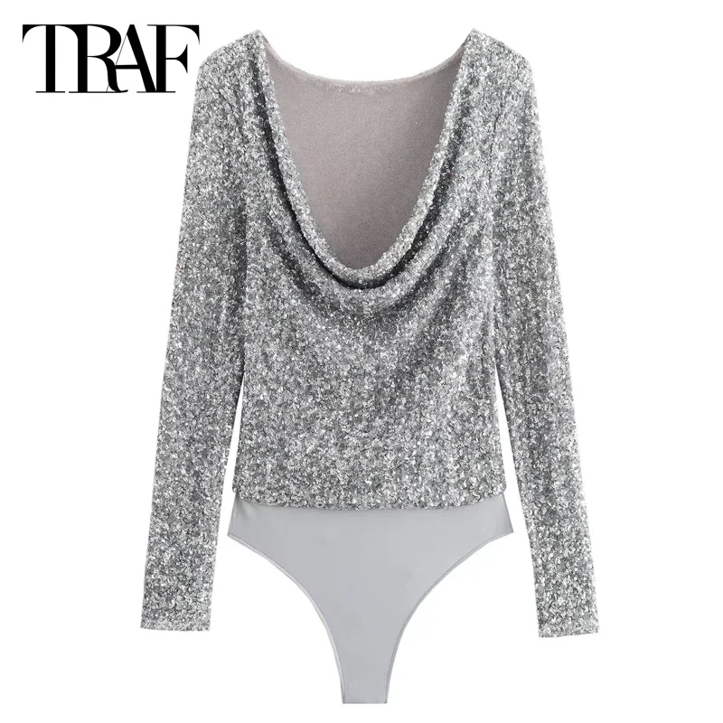 TRAF Women's Long Sleeve Bodysuit Sequins Bodysuit Women 2024 Ruched Sexy Tops Shiny Spandex Bodysuit Rave Thong Bodysuit Women