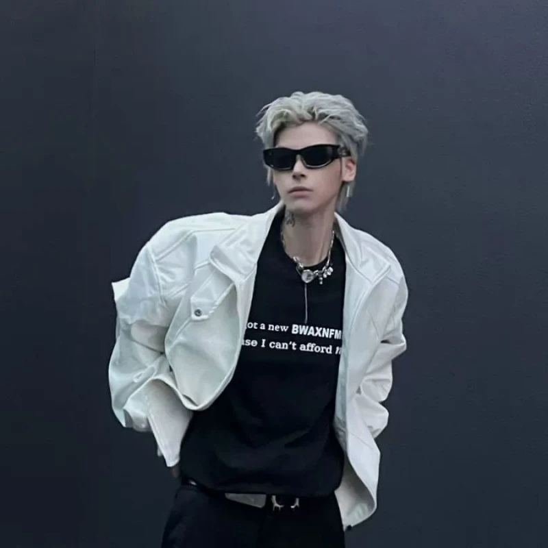 

Men's Short Sleeve PU Leather Jacket Unique High Street Design with Shoulder Pads Autumn Streetwear