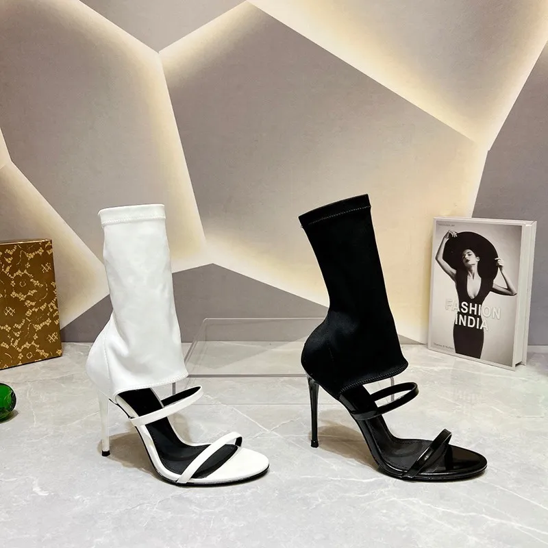 New Summer Fashion Design Open Toe Slip-On Elastic Boots Sandals Women Sexy White Cut-Out Thin High Heels Ankle Booties Shoes