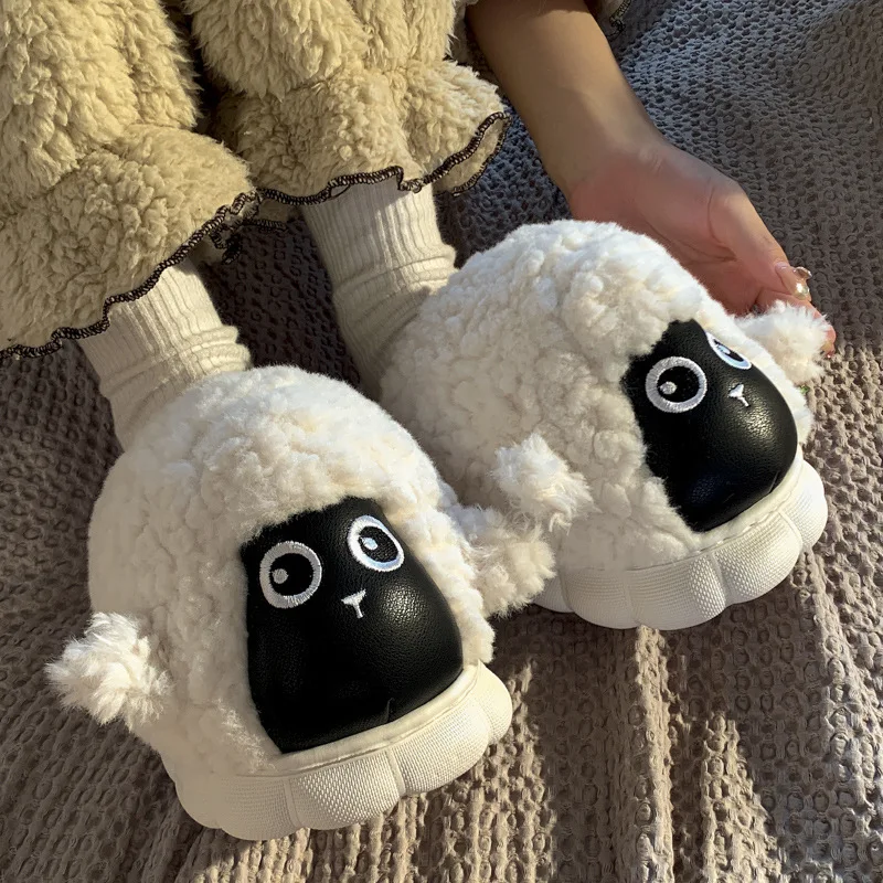 Cute Sheep Cartoon Cotton Slippers Cute Women EVA Thick Sole Home Slippers Winter Indoor Floor Anti Slip Slippers