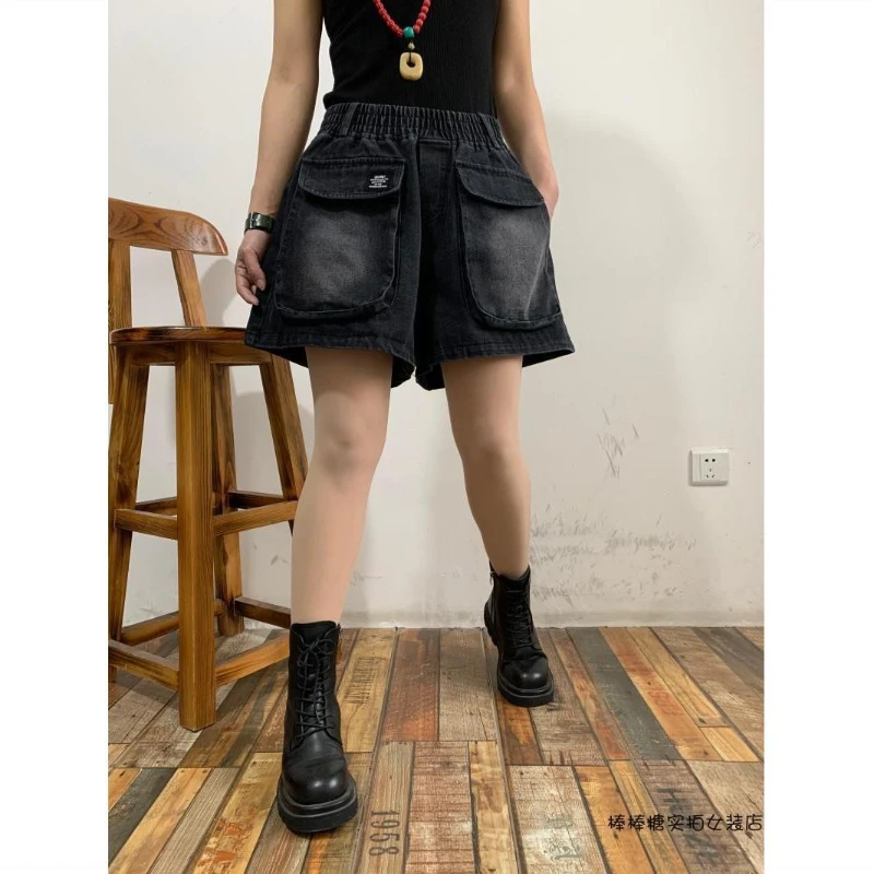 European goods 2025 summer new fashion personality big pocket hot pants women large size thin black denim shorts women tide