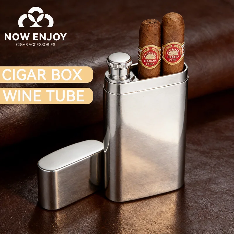

2oz 2in1 Stainless steel cigar box wine tubelask with cigar storage tube box Pocket Hip Flask Alcohol Whiskey Cigar Accessories