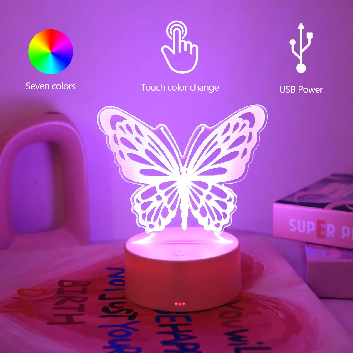 USB touch RGB 7 color night light, pink butterfly 3D night light, suitable for bedroom rooms, gift atmosphere light