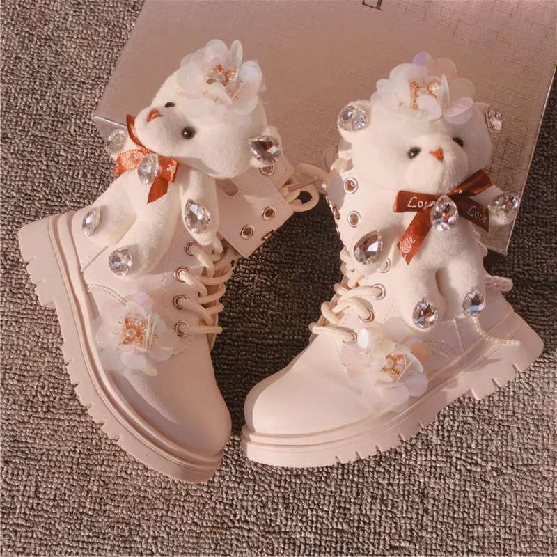 Bling Fashion Cartoon Bear Princess Chelsea Ankle Boots Children Rhinestones High Tops Autumn Winter Plush Baby Girls\' Shoes