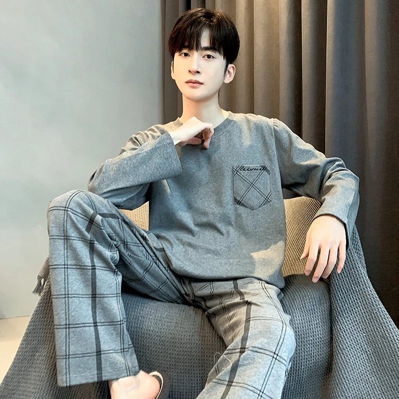 New Men's Pajamas Cotton Long Sleeved Pants Set Simple and Loose Fitting Casual Youth Home Wear in Spring and Autumn and Winter