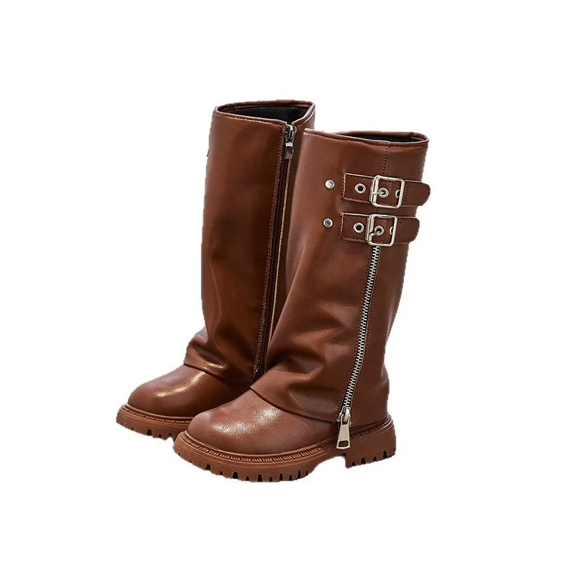 

2025 New Girls Zipper Shoes Autumn & Winter Girls' Knee-High Boots - Versatile Fashion Boots Korean Style Kids' Leather Boots