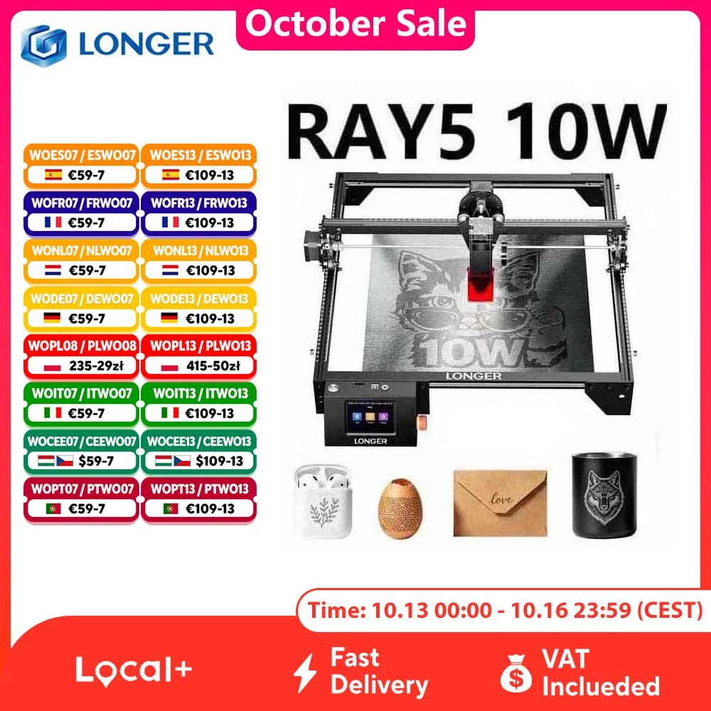 Grawerka laserowa LONGER RAY5 10W, punkt laserowy 0,06 x 0,06 mm, obszar roboczy 400 x 400 mm, chip 32-bitowy, ekran dotykowy, grawerowanie offline, przecinarka laserowa do drewna, akrylu, skóry i — Zdjęcie 2 z 3