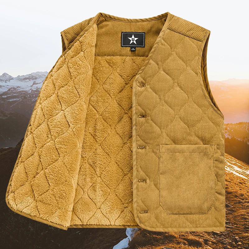 Autumn Winter Padded Warm Vest Men's Diamond Check Shoulder Undershirt Workwear Corduroy V-neck Jackets Men Clothing Large Size