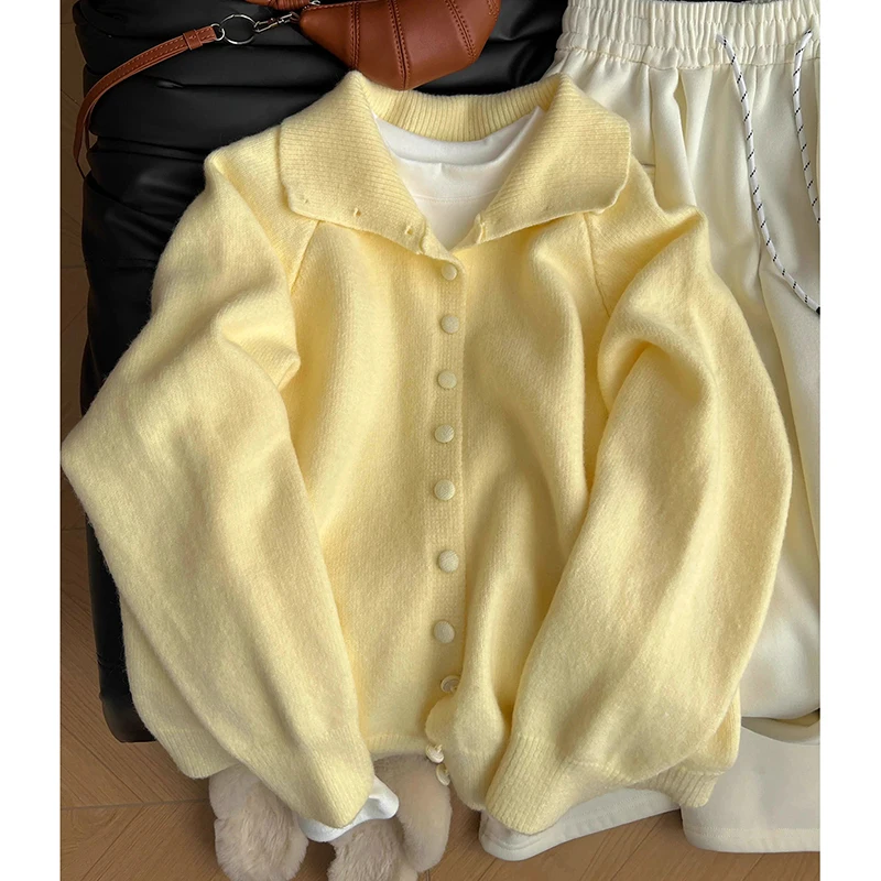 

Elegant Women Cardigan Soft Cozy Turn Down Collar Knit Sweater Coat Outerwear for Autumn Winter Single Breasted Knitted Jackets