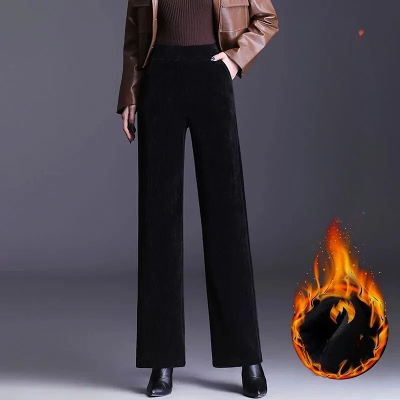 

2024 Autumn Winter Women New Plus Velvet Warm Trousers Female Loose Straight Pants Ladies Elastic Waist Wide Leg Pants O635