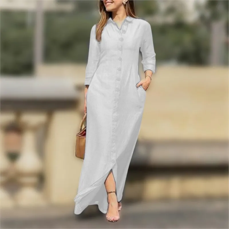 Women's Dress Single Breasted Temperament Long Sleeved Robe Retro Long Style Solid Color Casual Dress Button Up Shirt Long Style