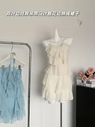 French Ruffle Spaghetti Strap Dress Solid Fashion Party Prom Sundress Ruffle Sleeveless 2000s Aesthetic Sweet Fairy Dress Chic