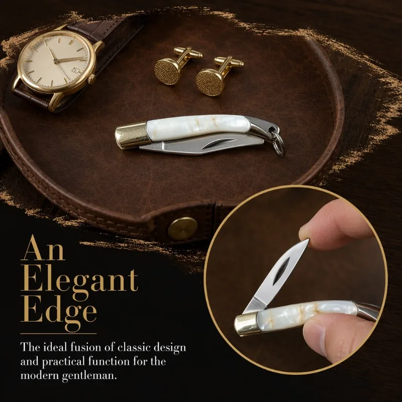 Portable Stainless Steel Mini Folding EDC Knife with Faux Mother of Pearl Handle Built-in Key Ring Multipurpose Utility Gadget