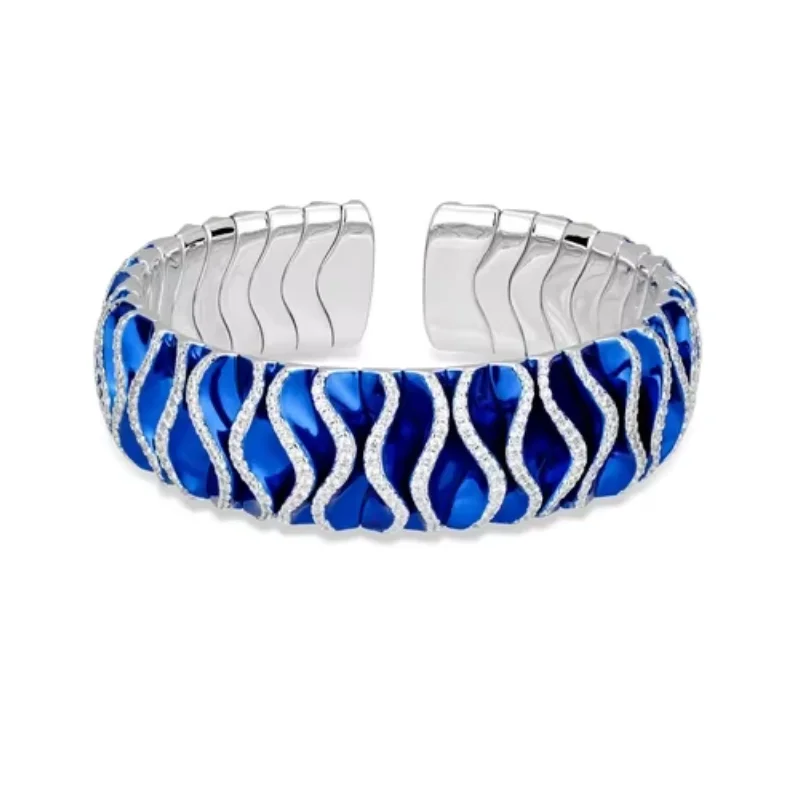 Bellux Official original Design Bracelet 925 Silver Synthetic Zircon Enamel Blue White Full Diamond Inlaid Open Bangle