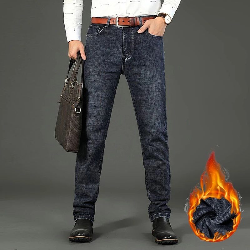 

Мужские модные утепленные винтажные джинсы на флисовой подкладке, мужские осенне-зимние зимние теплые плюшевые джинсовые брюки, повседневные обычные облегающие брюки