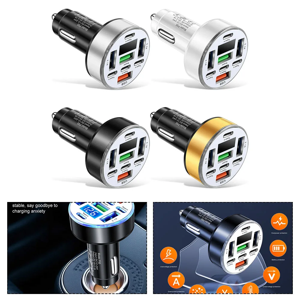 40W 8-In-1 USB Car Phone Charger Adapter Car Fast Charger Voltage DIgital Display 4USB + 4PD Black, White, Gold, Silver