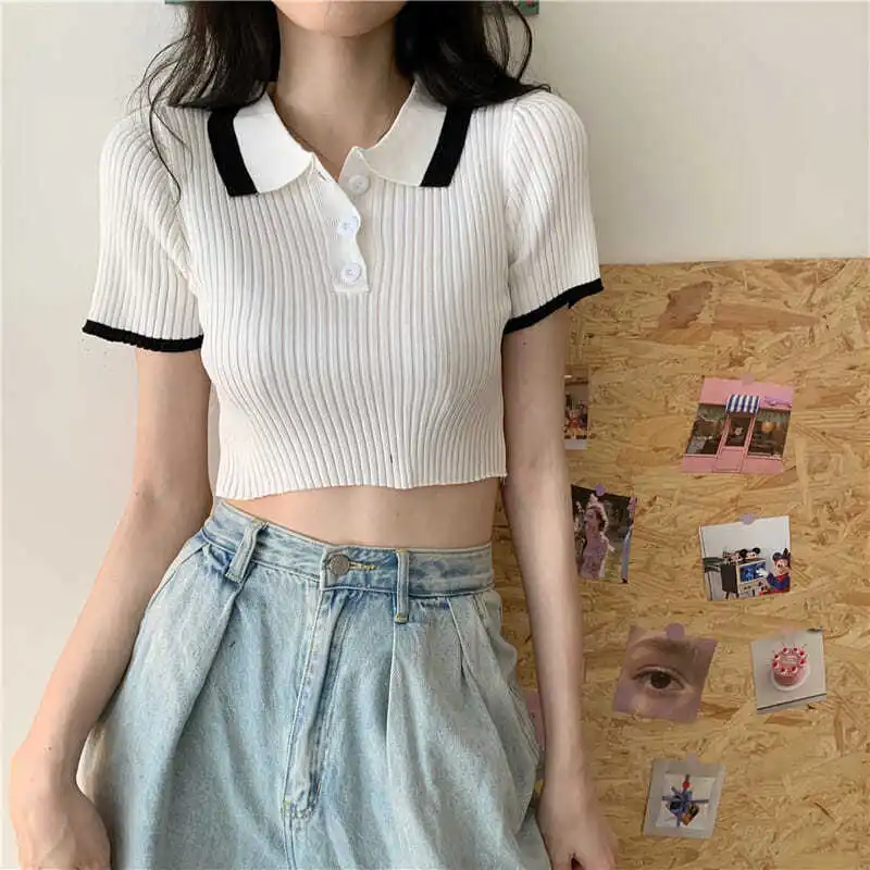 Patchwork Short Sleeves Knitted T-shirt Polo Neck Y2k Clothing Crop Tops Women Pullover Slim Skinny Neckline Streetwear Mujer