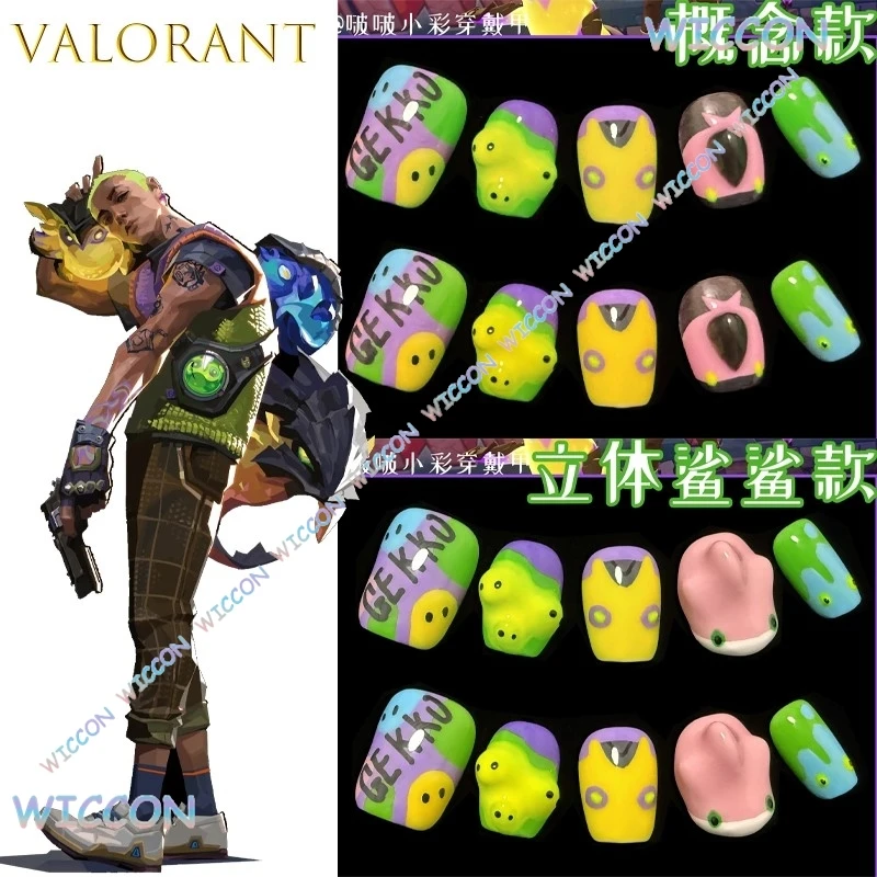 VALORANT Jett Gekko Vyse monstruo huevo prensa en uñas Y2K estética Linda criatura fea brillo mate neón Metal Rosa garra Cosplay uñas