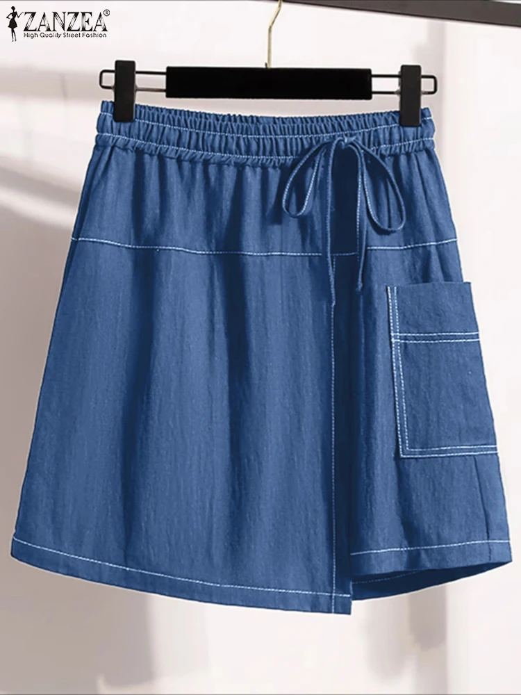 2025 ZANZEA Vintage Women Shorts Skirts Denim Bottoms Fashion Pockets Solid Elastic Waist Pantalons Casual Wide Leg Short Pants