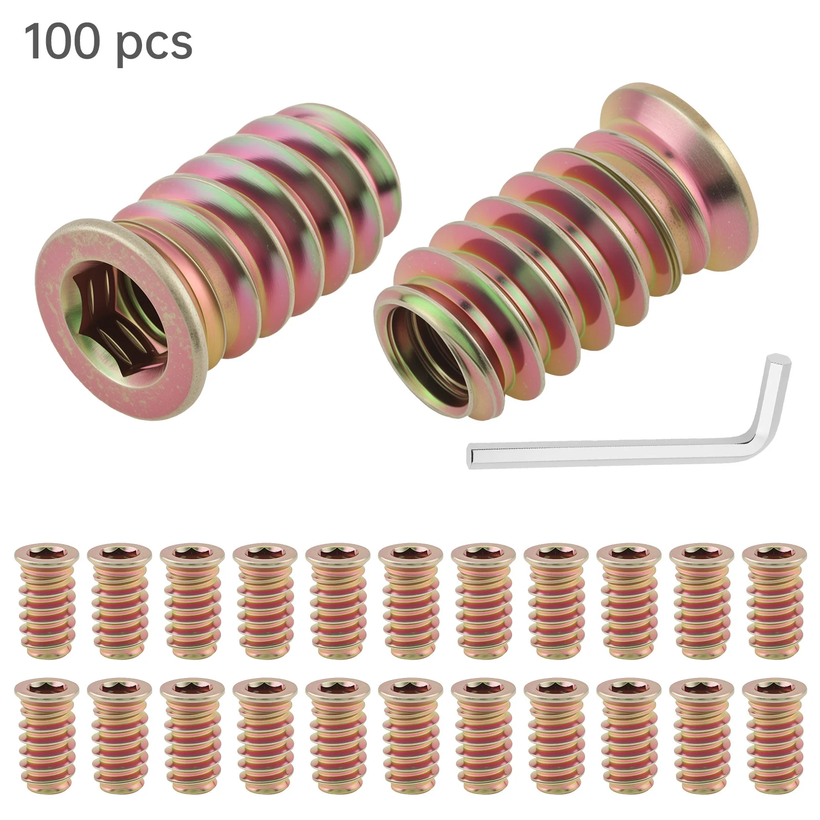 100 Pcs Hex Socket Drive Nut Inserts 1/4 inch-20 x 20mm Threaded Inserts for Wood Metal Screws Assortment with Hex Wrench